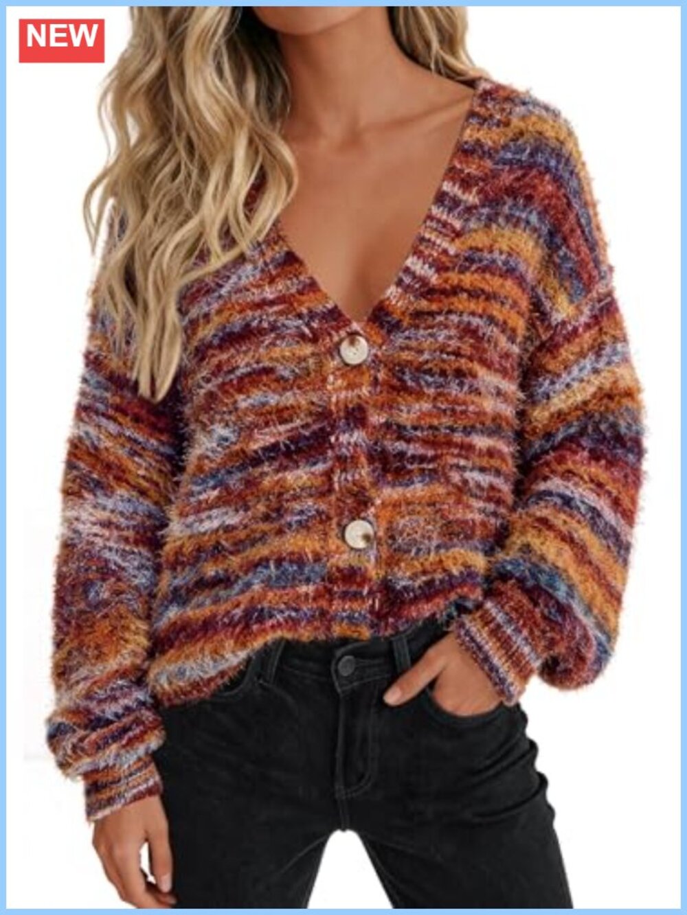 V Neck Button Long Sleeve Knit Cardigan Sweater for Women